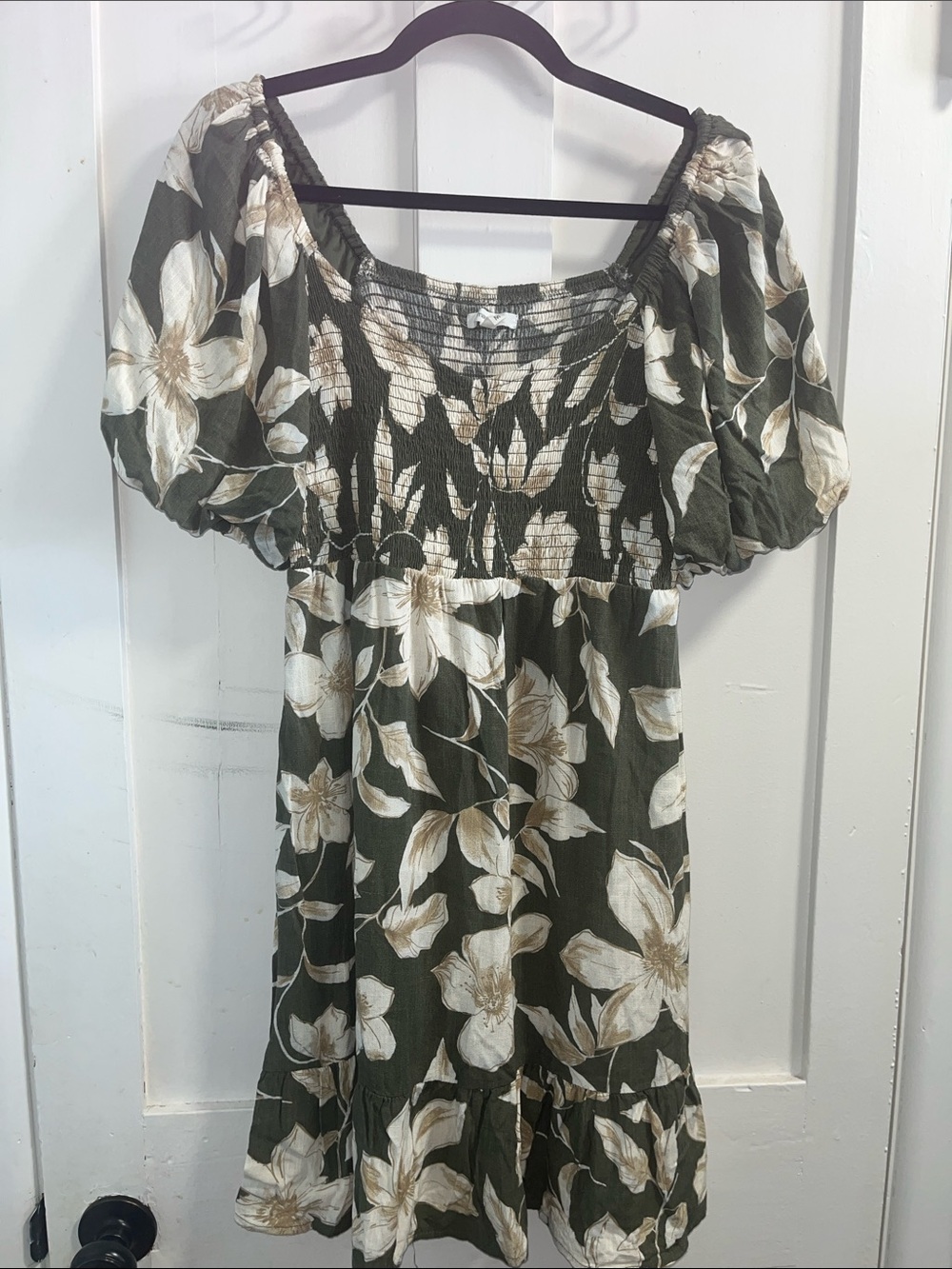Maurices Olive Green Floral Midi Dress with Cream Blooms A028